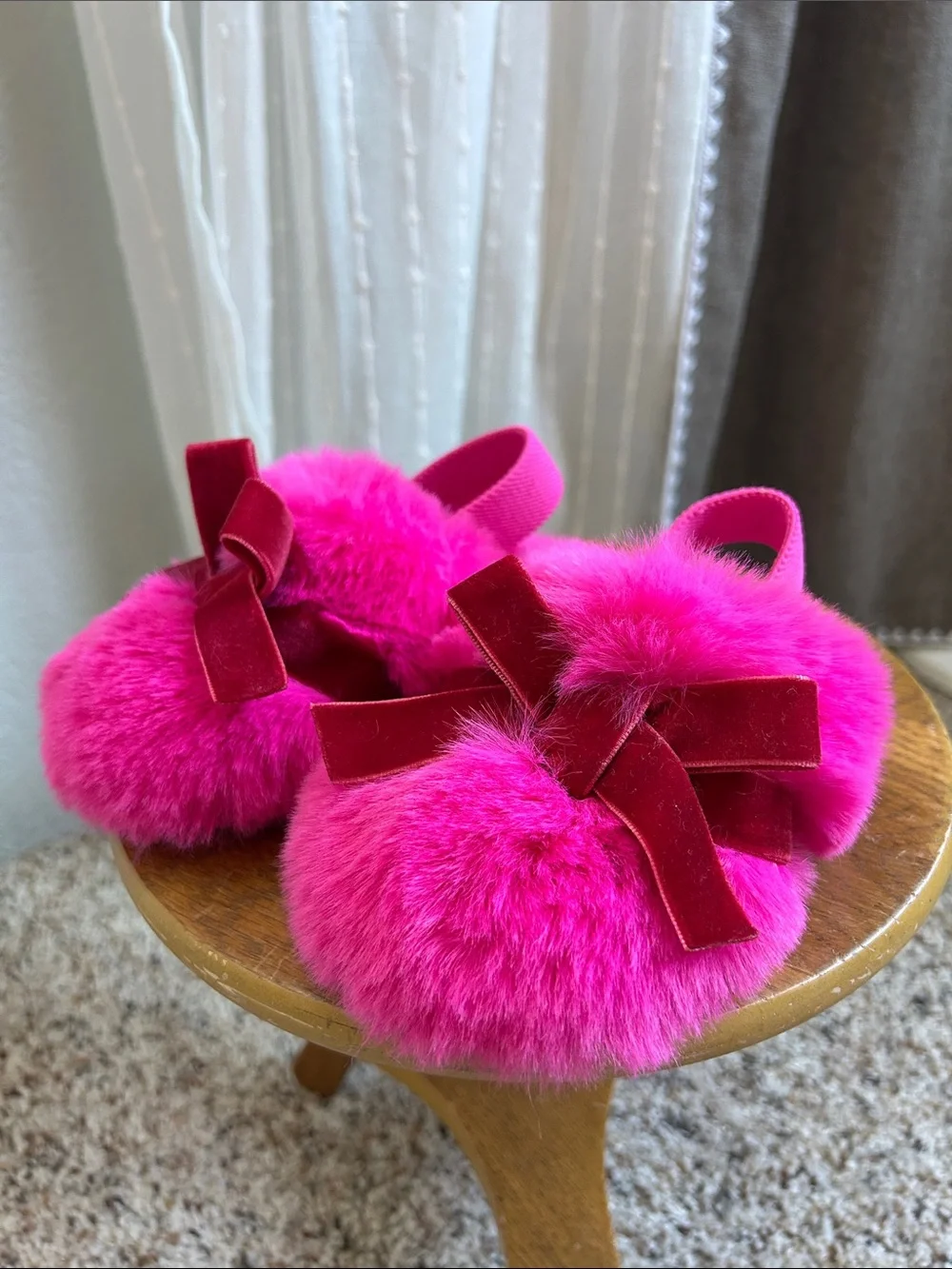 Toddler Hot Pink Fuzzy Slippers with Velvet Bows